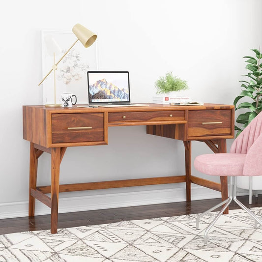 Woodmarwar Solid Sheesham Wood Study Table for Adults | Wooden Workstation with 3 Drawer Storage for Home, Office & Study Room