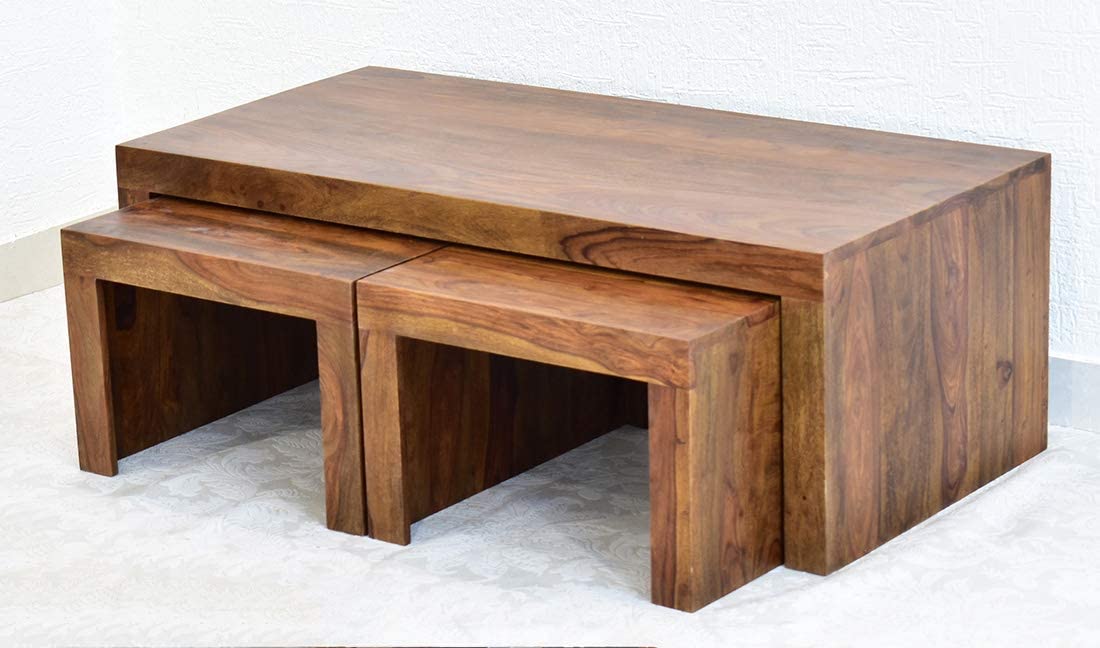 WoodMarwar Sheesham Wood Rectangle Center Coffee Table for Living Room | Solid Wooden Sofa Centre Table with 2 Stool for Home & Outdoor