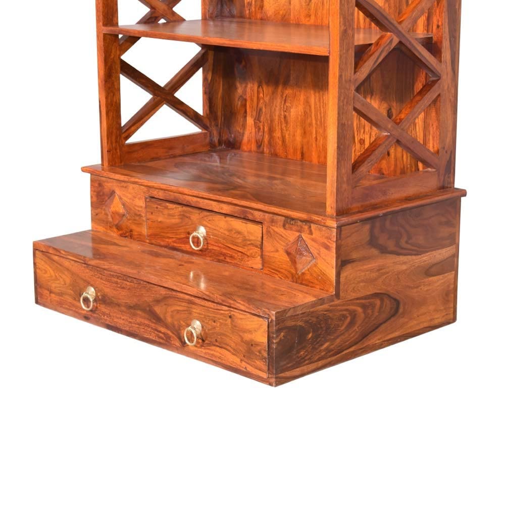 Woodmarwar Solid Sheesham Wood Pooja Mandir For Home|Solid Wooden Temple For Puja Room With 2 Drawer & 2 Open Shelf Storage|Pooja Ghar Wooden Furniture For Pooja Room|Pooja Mandap
