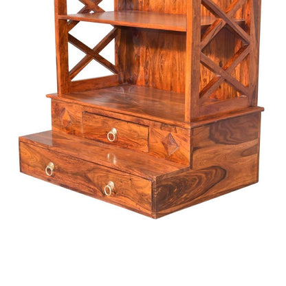 Woodmarwar Solid Sheesham Wood Pooja Mandir For Home|Solid Wooden Temple For Puja Room With 2 Drawer & 2 Open Shelf Storage|Pooja Ghar Wooden Furniture For Pooja Room|Pooja Mandap