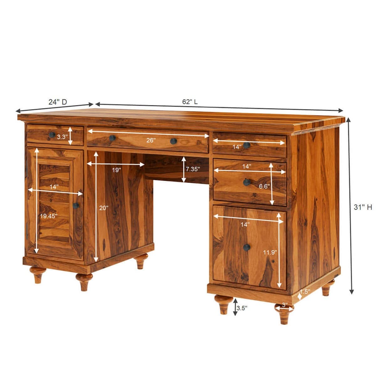 WoodMarwar Solid Sheesham Wood Study Table for Adults | Wooden Workstation with 5 Drawers, 1 Big Drawer & 1 Door Cabinet Storage for Home, Office & Study Room