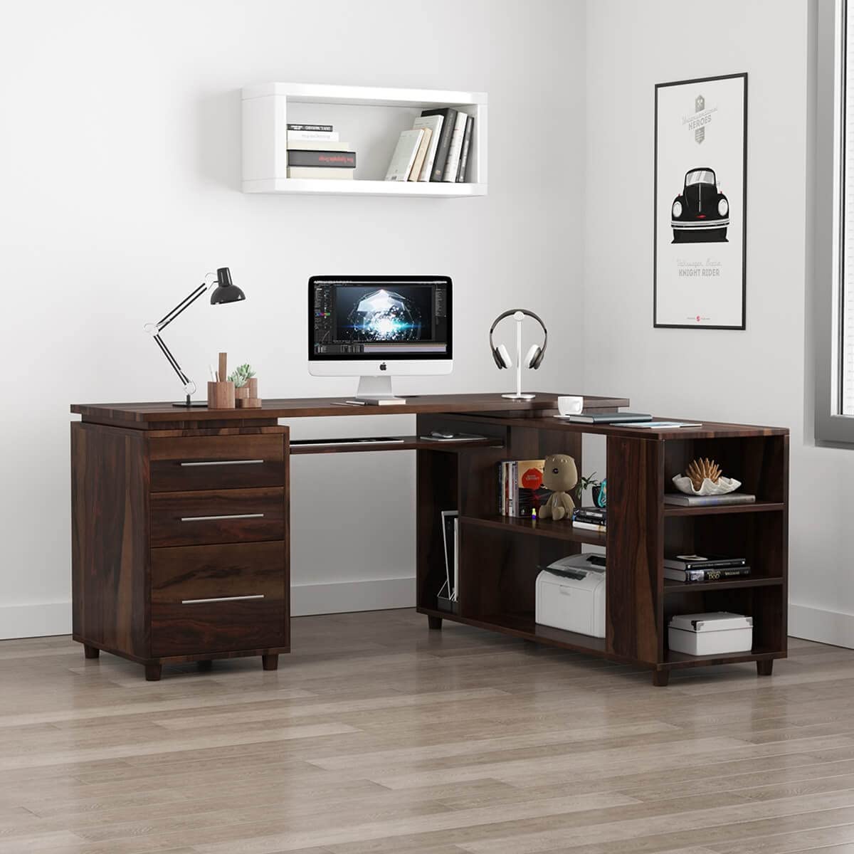 WoodMarwar Solid Sheesham Wood Office Table for Office Work | Wooden Study Table | Table with 3 Drawers, Keyboard Tray & Attached Storage Cabinet for Home, Office & Study Room