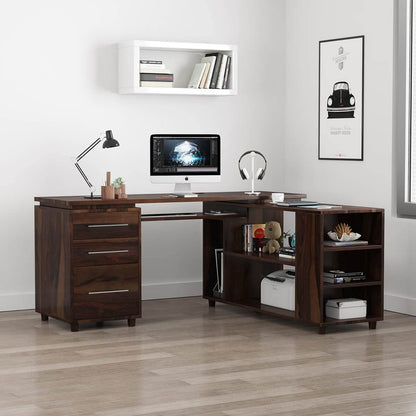 WoodMarwar Solid Sheesham Wood Office Table for Office Work | Wooden Study Table | Table with 3 Drawers, Keyboard Tray & Attached Storage Cabinet for Home, Office & Study Room