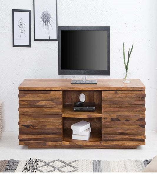 Woodmarwar Solid Sheesham Wood Entertainment Tv Unit With Storage Honey Finish For Home & Office Furniture