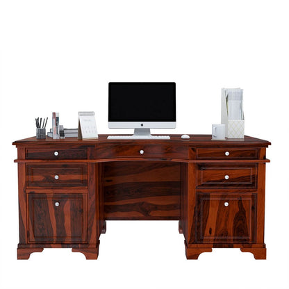 Woodmarwar Solid Sheesham Wood Study Table for Adults | Wooden Workstation with 5 Drawers & 2 Big File Cabinet Drawer Storage for Home, Office & Study Room