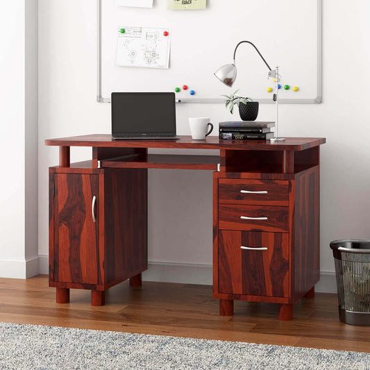 WoodMarwar Solid Sheesham Office Table For Office Work | Wooden Study Table | Computer Table with Keyboard Tray | Work From Home Laptop Desk | Workstation Boss Table | Table With 3 Drawers & 1 Door Cabinet Storage