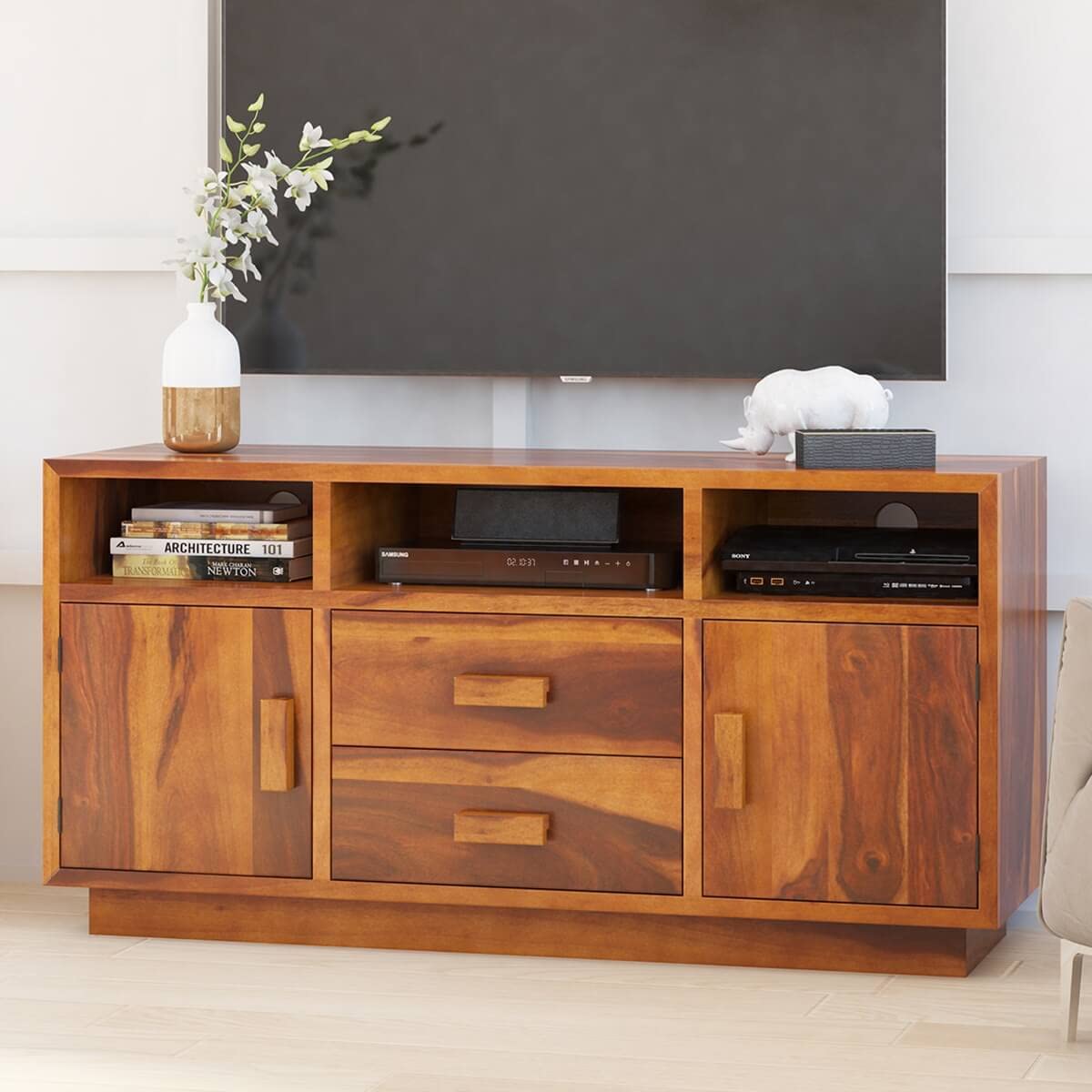 Woodmarwar Solid Sheesham Wood Entertainment Tv Unit With Storage Honey Finish For Home & Office Furniture