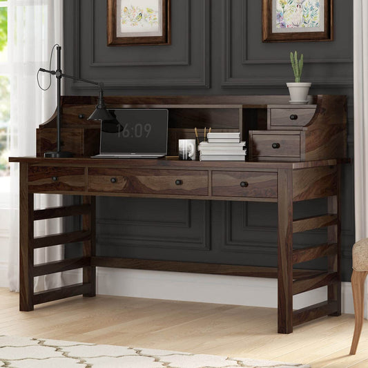 WoodMarwar Solid Sheesham Wood Office Table for Office Work | Wooden Study Table | Computer Desk with Hutch, 9 Drawers & 3 Shelf  Storage