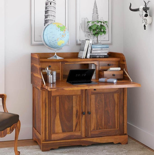 Woodmarwar Solid Sheesham Wood Study Table for Adults | Wooden Storage Cabinet Workstation Computer Desk with Hutch, 2 Door Cabinet Storage for Home, Office & Study Room