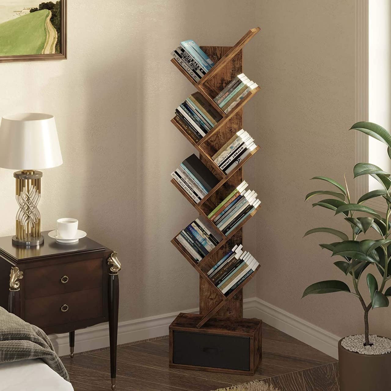 WoodMarwar Sheesham Wood Book Shelf /Bookcase For Living Room Corner Bookcase for Home Decor & Office