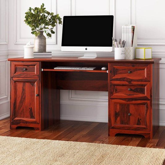 WoodMarwar Solid Sheesham Wood Study Table for Adults | Wooden Workstation Computer Desk with Hutch, 4 Drawer & Open Shelf Storage for Home, Office & Study Room
