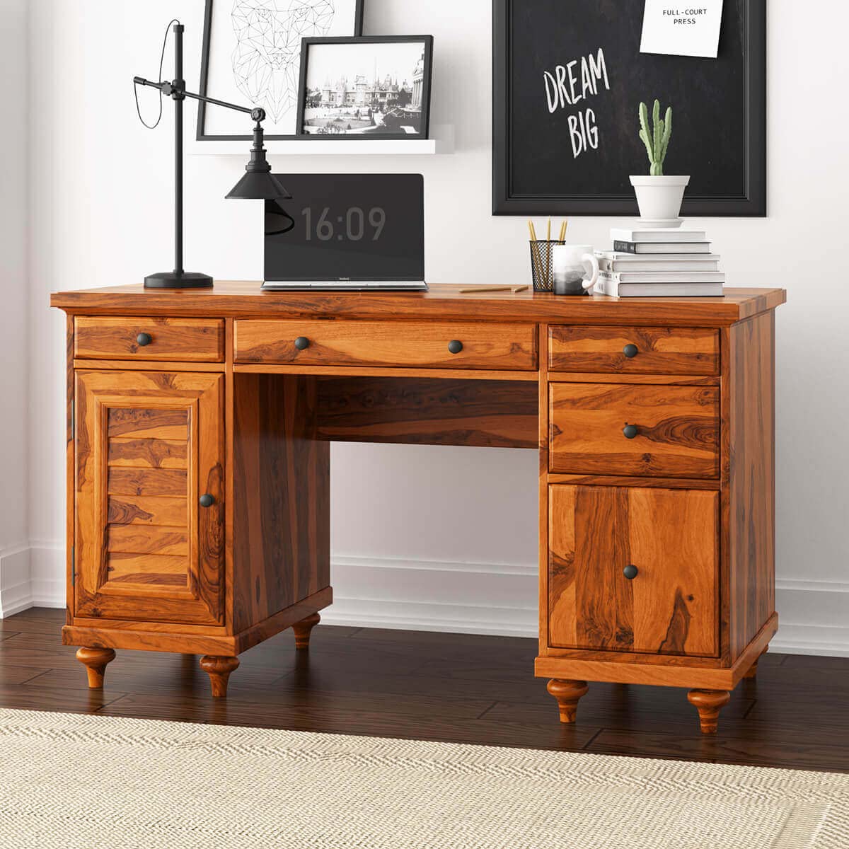 WoodMarwar Solid Sheesham Wood Study Table for Adults | Wooden Workstation with 5 Drawers, 1 Big Drawer & 1 Door Cabinet Storage for Home, Office & Study Room