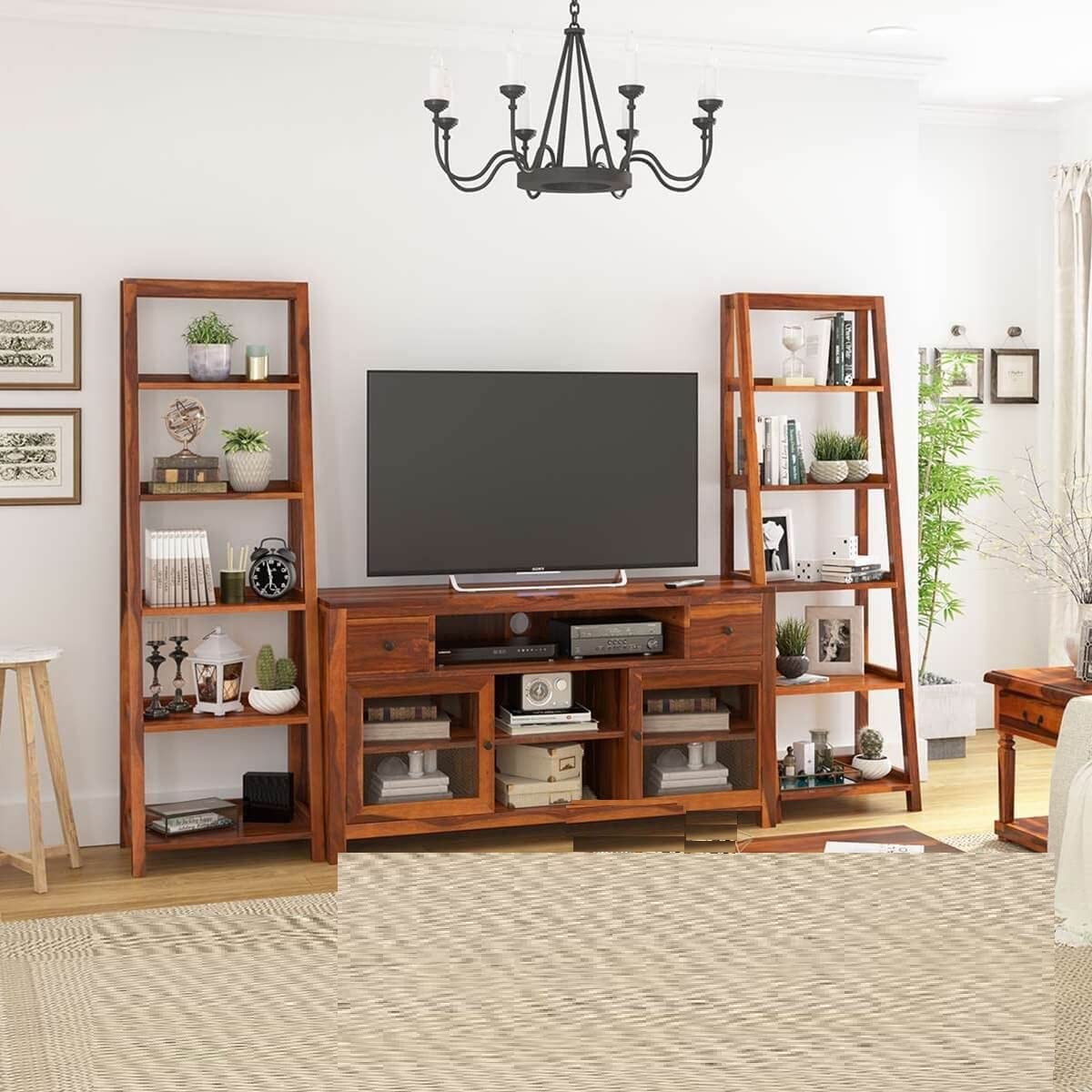Woodmarwar Solid Sheesham Wood Entertainment Tv Unit With Storage Honey Finish For Home & Office Furniture