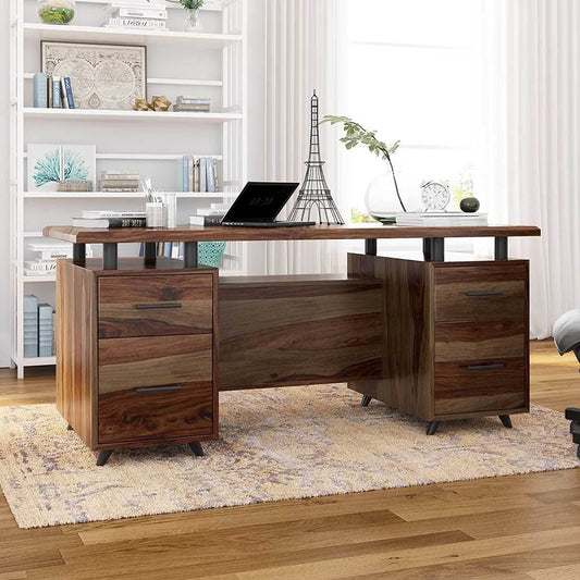 Woodmarwar Solid Sheesham Wooden Study Table with 4 Drawers & Open Shelf Storage Workstation for Home Office & Study Room | Solid Wooden Desk Writing Table | Laptop Computer Table for Adults | Meeting Office Table