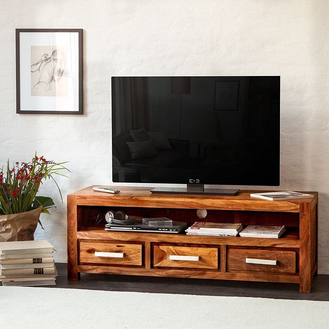 Woodmarwar Solid Sheesham Wood Entertainment Tv Unit With Storage Natural Finish For Home & Office Furniture
