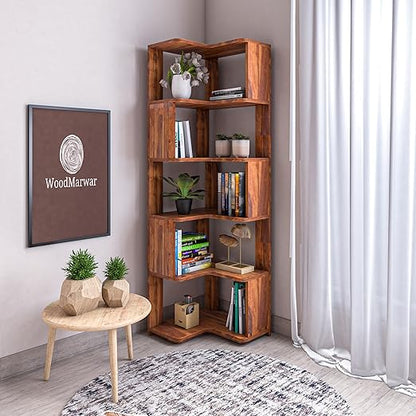 WoodMarwar Sheesham Wood Book Shelf /Bookcase For Living Room Corner Bookcase for Home Decor & Office
