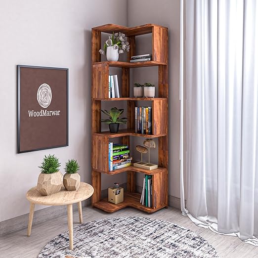 WoodMarwar Sheesham Wood Book Shelf /Bookcase For Living Room Corner Bookcase for Home Decor & Office