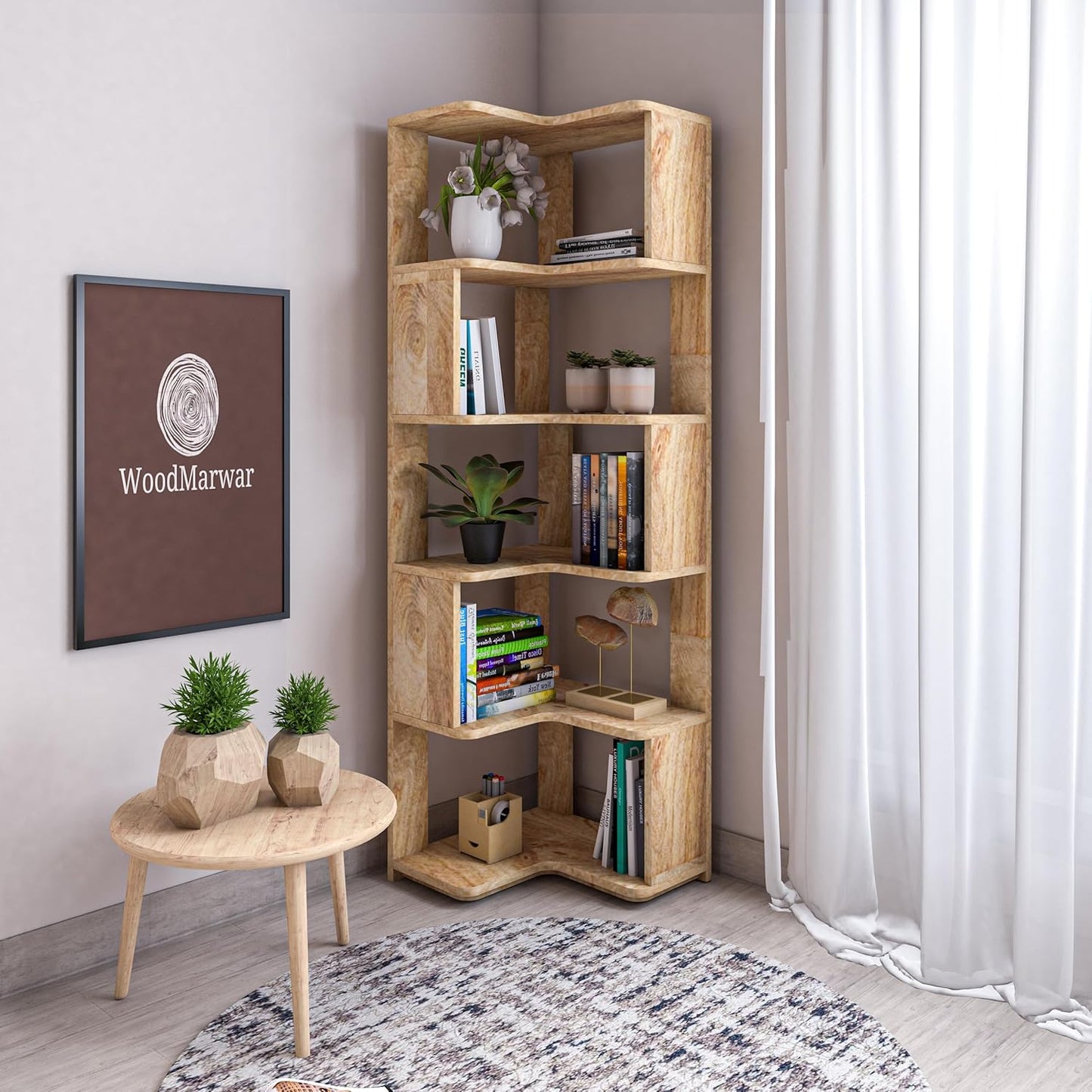 WoodMarwar Sheesham Wood Book Shelf /Bookcase For Living Room Corner Bookcase for Home Decor & Office