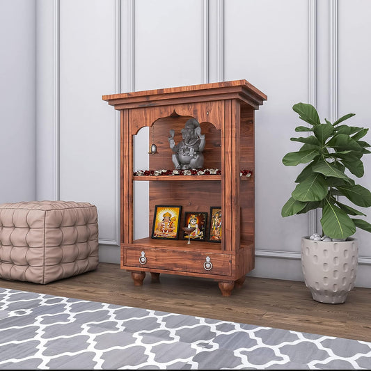 Woodmarwar Solid Sheesham Wood Pooja Mandir for Home | Solid Wooden Temple for Puja Room with 1 Drawer Storage | Pooja Ghar Wooden Furniture for Pooja Room | Pooja Mandap